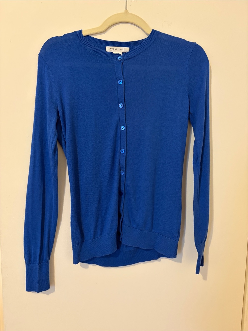August Silk Cobalt Blue Crewneck Button Cardigan Size Small Cotton/Modal Blend